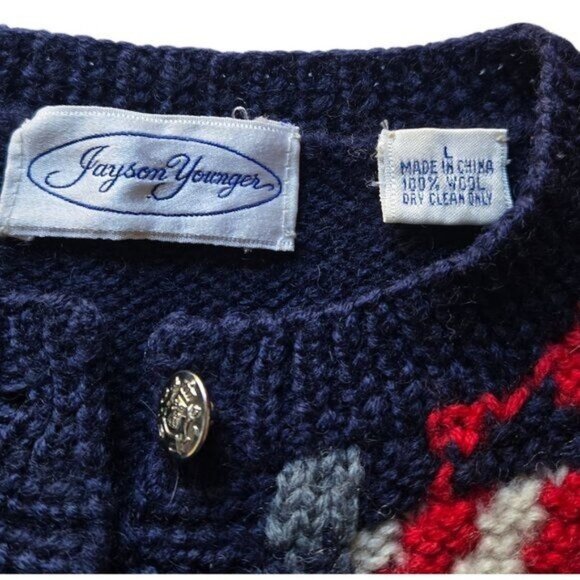 Vintage Jayson Younger Large Americana Wool Knit Cardigan Sweater Red White Blue - Picture 7 of 7